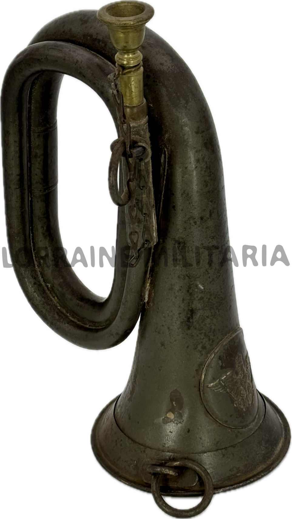 militaria : BUGLE ALLEMAND PRUSSIEN MODELE 1916 EN FER PEINT FELDGRAU