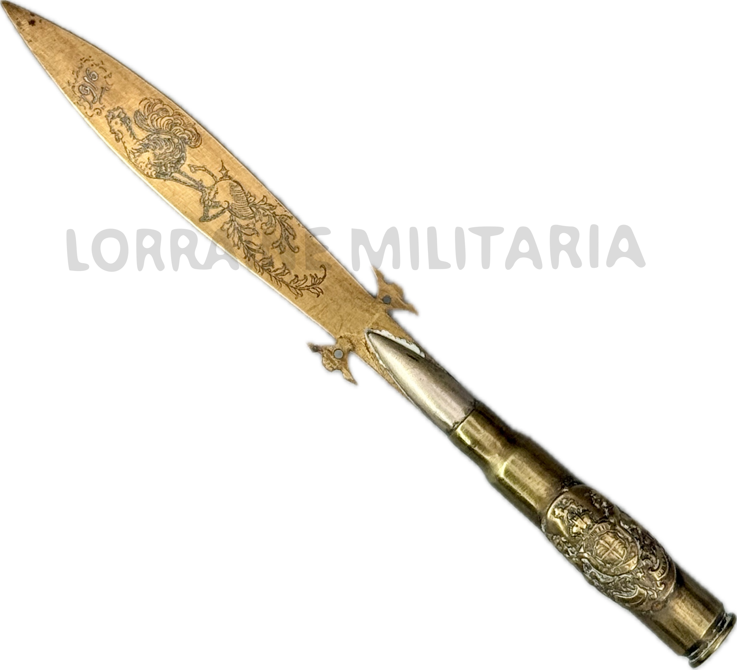 militaria : ARTISANAT TRANCHEE FRANÇAIS COUPE PAPIER 1916 COQ COLOMBE CASQUE À POINTE